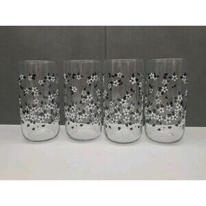 Set 4 Libbey Drinking Glasses Daisy Flowers Black White 12 Oz